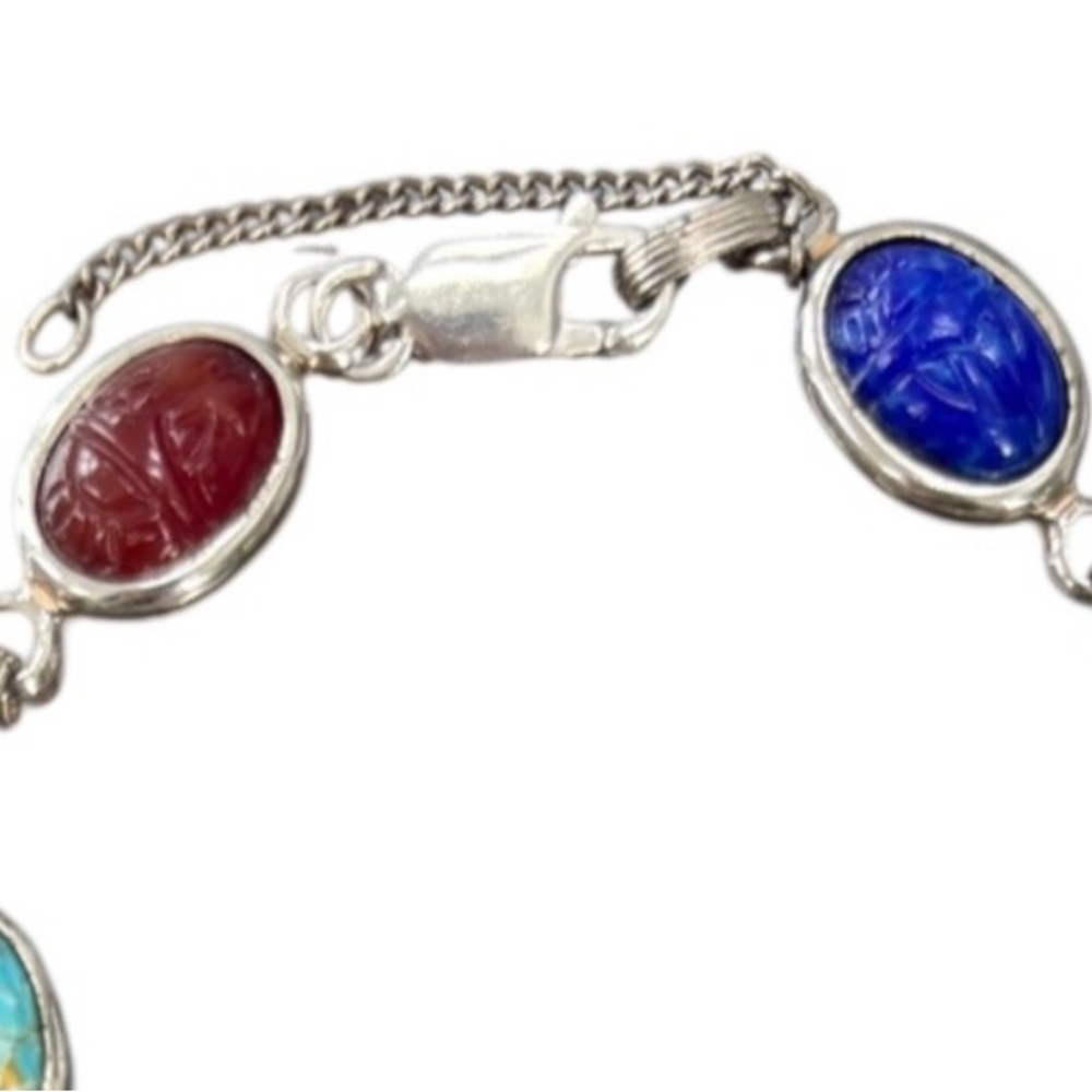 Vintage Scarab Bracelet Silver Retro Jewelry 60s MCM Carved Multicolor Stones - Picture 8 of 12